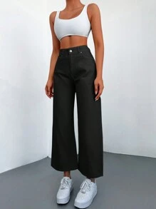 Cottnline Solid Wide Leg Cropped Jeans - Black - View 5