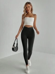 SHEIN Tall Quần áo mùa hè Quần legging cạp cao rắn - màu đen - Xem 7