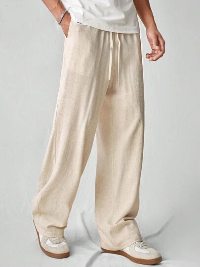 SWAVVY Woven Men's Fashionable & Casual Solid Color Linen Straight Pants For Daily Wear, Plain Long Vacation Baggy Slacks Pants, For Husband, Boyfriend Gifts, For Fall