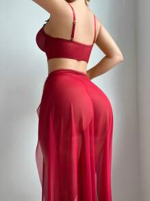 SHEIN 复古仿珍珠鱼骨开叉上衣 + 裙子 + 丁字裤三件套内衣，外出 - 酒紅色 - 查看 2