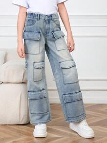 Girls' Loose Fit Wide Leg Denim Jeans, Multi-Pocket Workwear Style - Light Wash - View 3