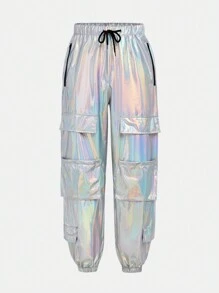 SHEIN Pantalones de carga reflectantes láser de moda callejera para adolescentes