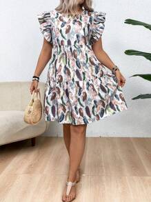 SHEIN VCAY Plus Size Vacation Round Neck Cap Sleeve Puff Feather Printed Dress - Green - View 5