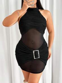 SHEIN ICON Slim Fit Mesh Texture Fabric Spliced Dress With Decorative Big Diamond Buckle, Plus Size - Black - View 3