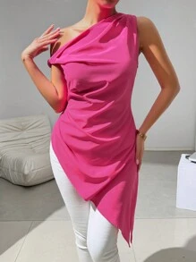 Chiquease Top largo de mujer con cuello asimétrico en rosa - Rosa Fucsia - Ver 4