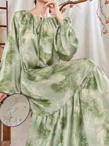 Mulvari Tie Dye Tie Neck Lantern Sleeve Ruffle Hem Dress For Spring & Summer Maxi Women Outfit Fall Cloth For Women - Green - View 1