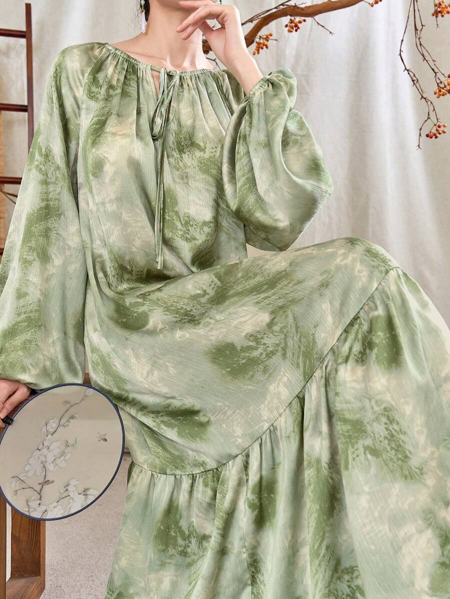 Mulvari Tie Dye Tie Neck Lantern Sleeve Ruffle Hem Dress For Spring & Summer Maxi Women Outfit Fall Cloth For Women - Green - View 1