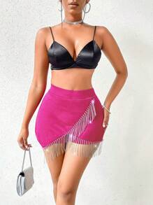 Zolique Women's Solid Color Tassel & Rhinestone Decorated Sexy Shorts, Summer - Hot Pink - View 4