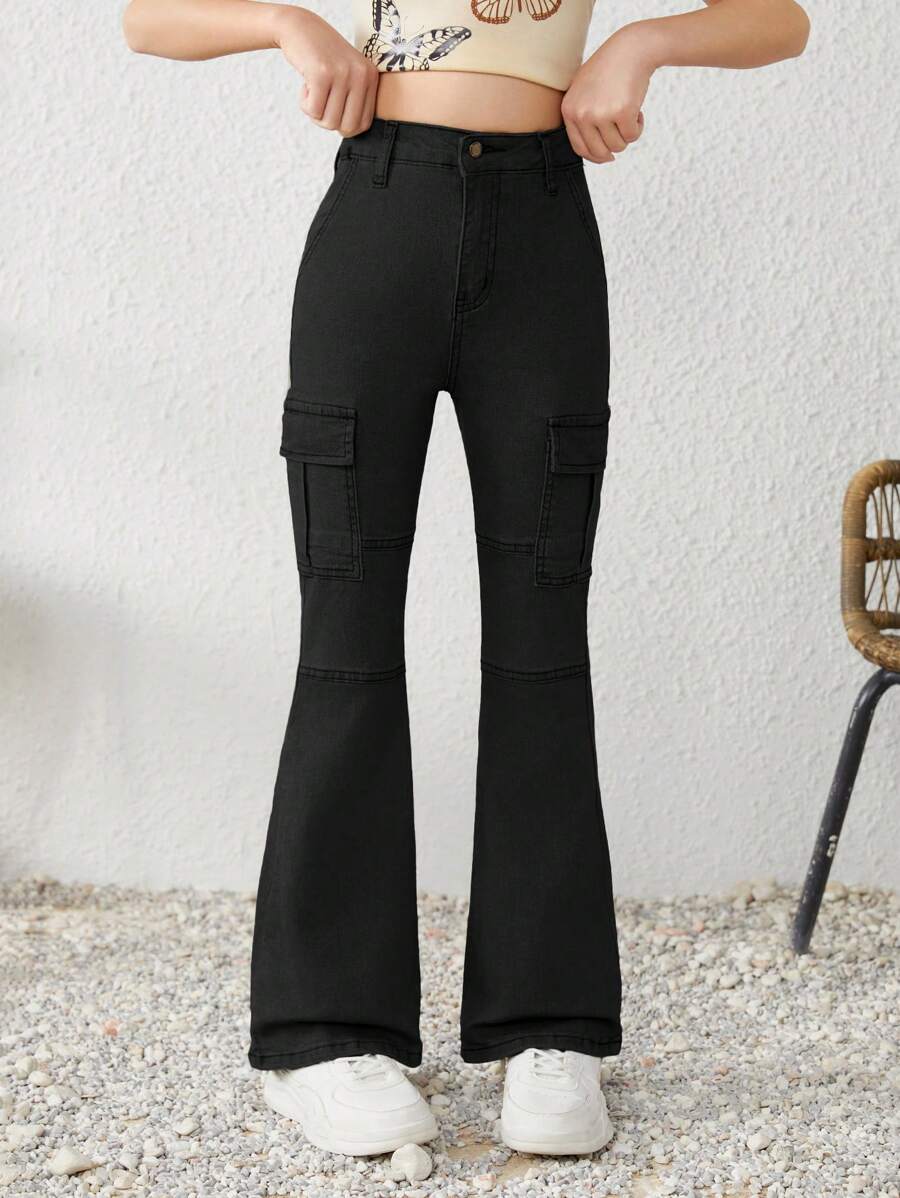 Quần jeans cargo cạp cao, túi nắp, ống loe bên hông, phong cách Y2K dành cho bé gái tuổi teen, thích hợp mặc đi xem hòa nhạc mùa hè. - màu đen - Xem 1