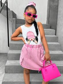 SHEIN Explorewe 少女夏季卡通人物印花圆领上衣和实用口袋裙休闲套装 - 玫紅色 - 查看 4