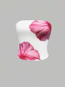 INAWLY Áo yếm ngắn in hoa màu hồng mùa hè Y2K có eo vừa vặn - trắng - Xem 3