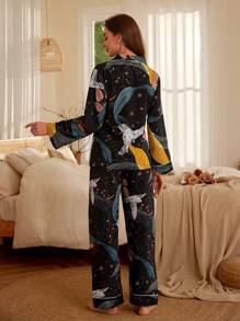 Serenescape Bird & Plant Print Pocket Front PJ Set / Pajama Set Holiday Season, Fall Winter Clothes - Black - View 2