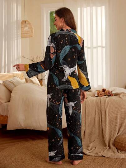 Serenescape Bird Plant Print Pocket Front PJ Set Pajama Holiday Season, Fall Clothes view 2