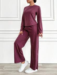 RueChic Đồ đan Ribbed Tay áo dài Áo thun Và Quần Nhà  Mặc Bộ đồ - Màu Đỏ Sâu - Xem 3