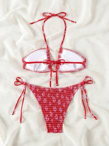 SHEIN Swim 女士夏季沙灘印花露背頸帶胸罩和比基尼底部時尚紅色比基尼泳裝套裝，隨機圖案 - 紅色 - 查看 2