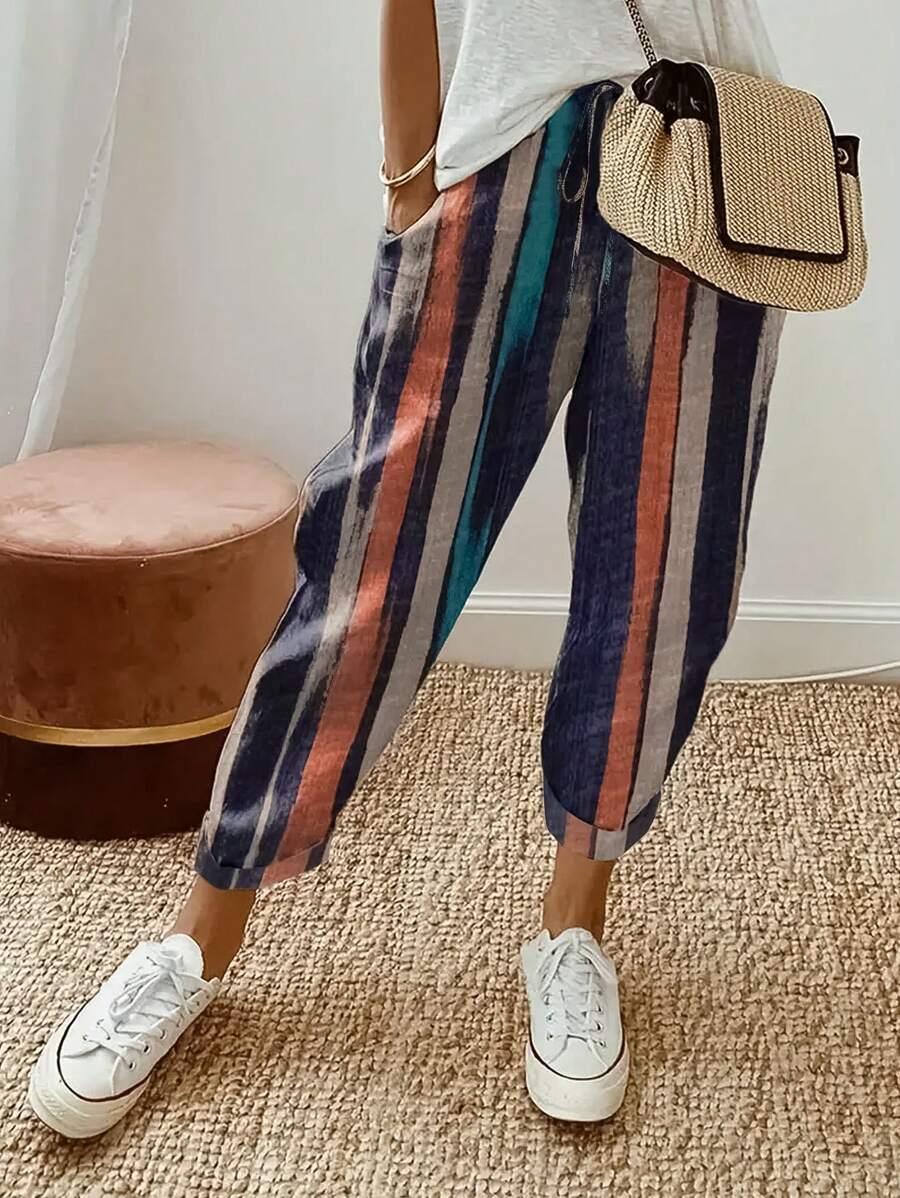 EMERY ROSE Quần ống côn có túi sọc đầy màu sắc thông thường trong kỳ nghỉ dành cho nữ - Màu xanh lam - Xem 1