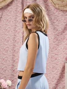 COSMINA Women's Elegant Sleeveless Shirt With Round Neck, Contrast Trim And Front Button - Baby Blue - View 2