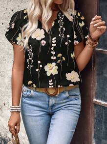 EMERY ROSE Women's Random Printed Short Sleeve Shirt (Pattern Randomly Cut) - Black - View 5