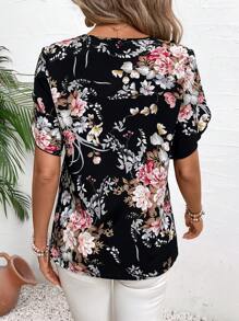 EMERY ROSE Áo kiểu nữ tay ngắn cổ chữ V in hoa thanh lịch cho kỳ nghỉ - Nhiều màu - Xem 2