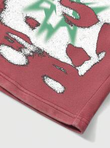 ROMWE MEN Street Life 男士仿旧插画印花水洗抽绳短裤，复古风格 - 紅色 - 查看 3