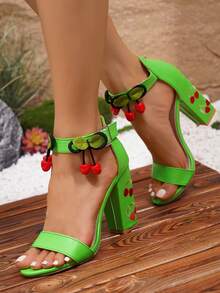 Màu Block Lá & Anh Đào Thêu Dây Đeo Mắt Cá Chân Giày Sandal Cao Gót Cho Nữ, Thích Hợp Cho Giải Trí Ngoài Trời - màu xanh lá - Xem 7