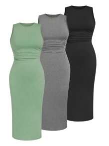 Flirla Plus 3pcs Summer Solid Ruched Bodycon Dress Maxi Women Outfit - Multicolor - View 1