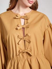 Oxana 设计师品牌女士商务休闲春夏纯色灯笼袖衬衫，带蝴蝶结装饰，适合假日、度假、海滩、节日、伊比沙岛风情、办公室 - 卡其色 - 查看 5