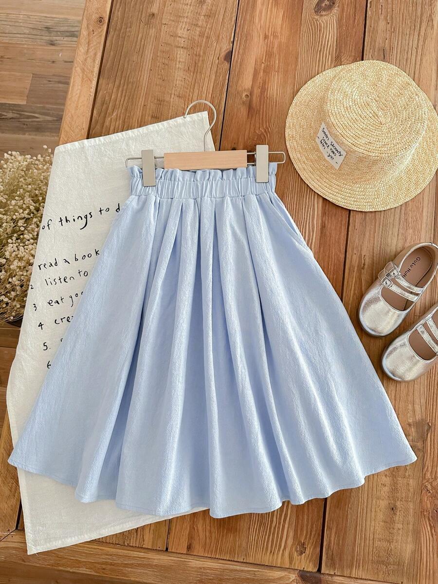 SHEIN LMoss Kids LMoss 年轻女孩宽松 A 字裙，带荷叶边下摆，百搭休闲中裙/半身裙，舒适透气的棉质面料，适合夏季穿着