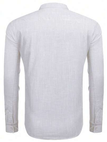 Plus Size Men's Vintage Style Solid Color Turndown Collar Shirt, Made Of Linen Fabric, Suitable For All Seasons, Especially Suitable For Autumn