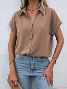 EMERY ROSE Women's Plain Simple Short Sleeve Daily Shirt - Coffee Brown - View 6