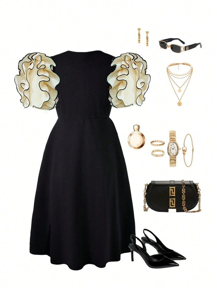 Tween Girl Fashionable Multilayer Ruffle Edge Puff Sleeve Dress