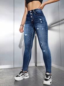 SHEIN EZwear Damskie, obcisłe jeansy zapinane na guziki, z dziurami, wszechstronne - Królewski Niebieski - Zobacz 6