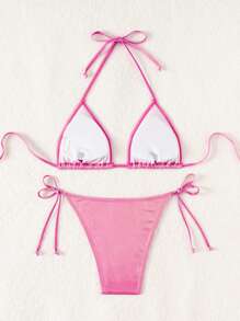 Swim Mod Women's Solid Color Metal Texture Halter Neck Bikini Set For Summer Beach - Hot Pink - View 2