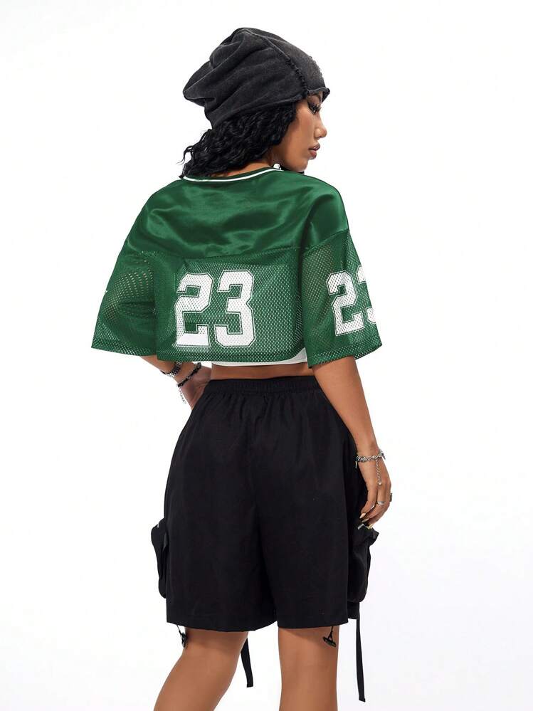 SHEIN Coolane Women's Street-Style Cool Vintage Sport Soccer Jersey Letter Print Y2K Blokecore Cropped Versatile T-Shirt - Green - View 2