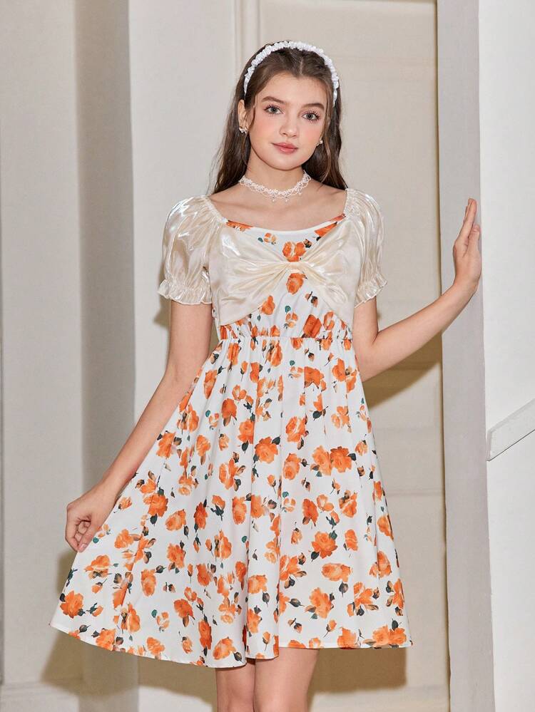 Teen Girls' Square Neck Puff Sleeve Princess Dress With Bowknot And Ditsy Floral