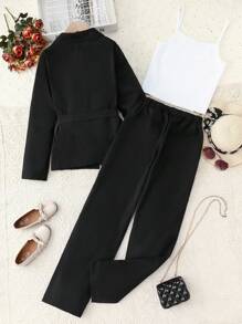 Teen Girls Solid Cami Top & Pants & Open Front Coat For Spring & Summer