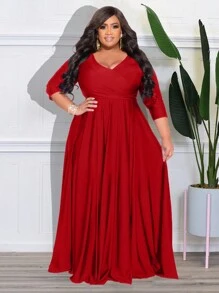 Vestido largo y elegante con cuello cruzado para mujer de talla grande, color rojo primaveral - Rojo - Ver 3