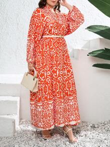 SHEIN Cottnline Plus Size Women's Long Sleeve Button Detailed Long Oversized Summer Dress - Orange - View 5