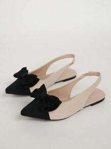 撞色蝴蝶结露跟尖头平底鞋，适合日常和外出场合，春夏穿搭 - 米色 - 查看 6