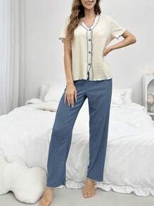 Bộ đồ mặc nhà màu tương phản áo ngắn tay và quần dài cho nữ - Màu xanh bụi bặm - Xem 3