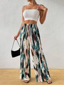 Chiquease Áo yếm dệt kim mùa hè + Quần ống rộng dệt họa tiết trừu tượng, 2 cái/bộ - Nhiều màu - Xem 6