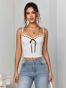 PARTHEA Lace Spliced Tie Front Boning Crop Top - White - View 7