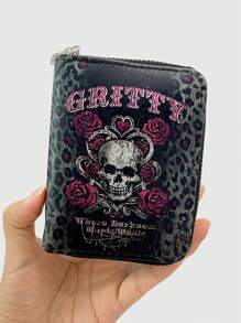 ROMWE Goth Grey Rose Skull Leopard Print Trim Short Wallet Creative Multi-Function Card Holder Wallet - Multicolor - View 1
