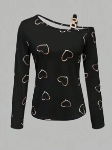 SHEIN LUNE 女士春夏长袖休闲T恤，不对称领口，金色爱心印花图案，春季女式上衣 - 黑色 - 查看 3