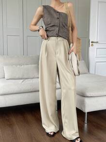 DAZY 女士纯色不对称裙摆阔腿裤，教师裤 - 杏色 - 查看 5