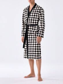 男士格紋對比邊飾腰帶睡袍 - 棕色 - 查看 3