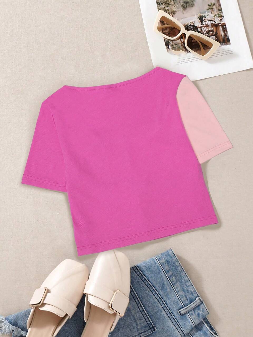 Women's Summer Short Sleeve Color Block Sweetheart Neck Short Crop Top T-Shirt