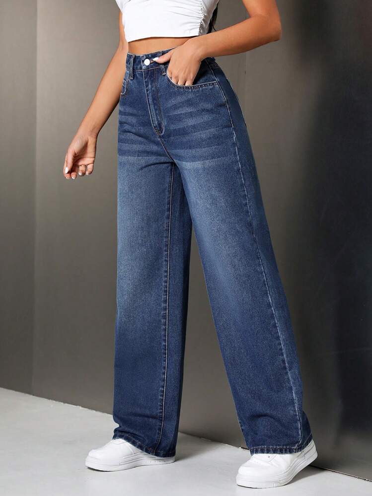 Jeans casuales y versátiles de pierna ancha y bolsillos para mujer - Azul - Añade 6