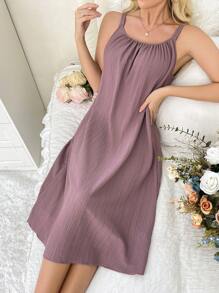 SHEIN Solid Color Women's Homewear Lounge Dress, Moo Moo - Dusty Pink - View 3