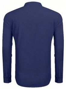 男士复古硬币图案纯色卷袖立领亨利衫 - 轻盈透气，四季皆宜的百搭休闲风格